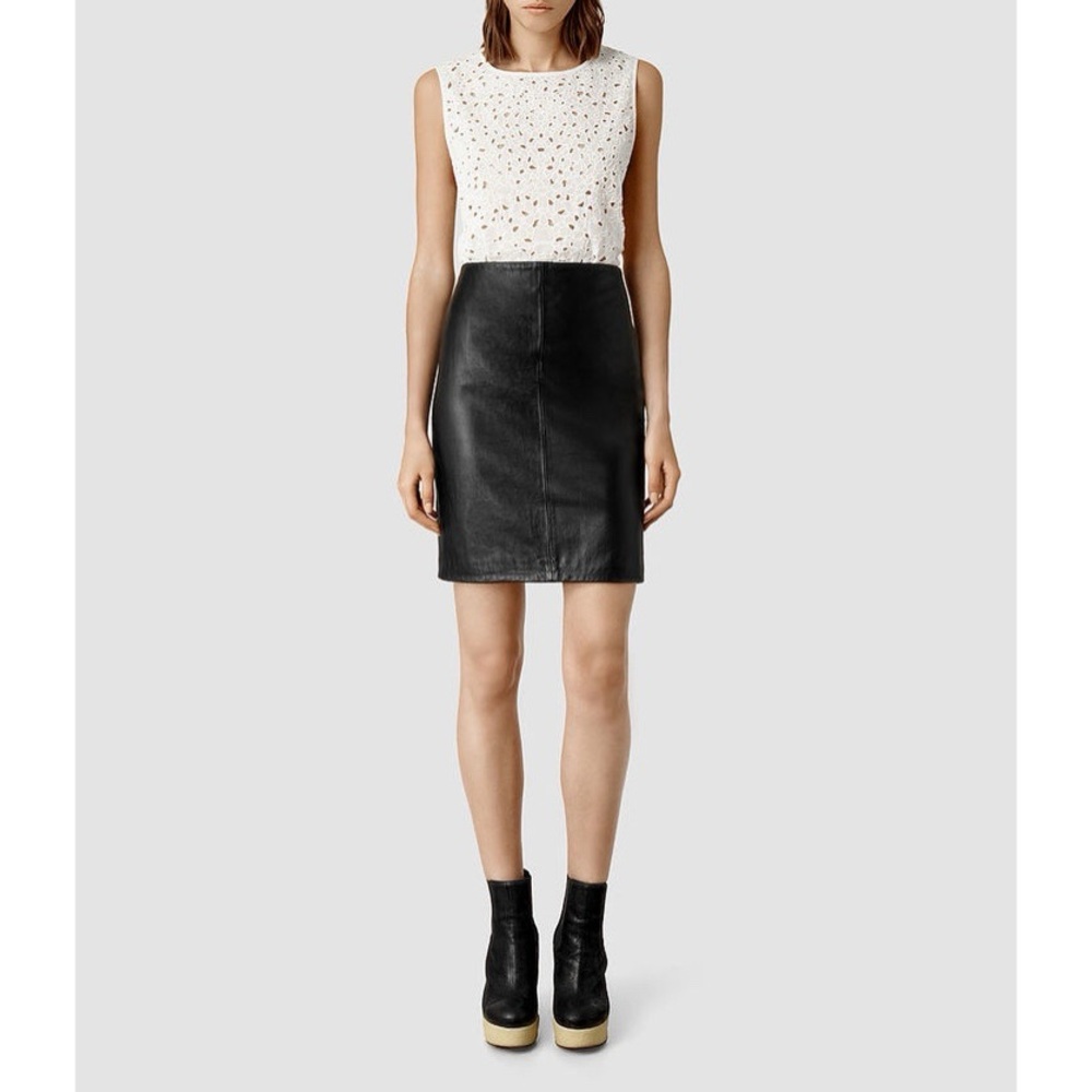 AllSaints Lucille Black Leather Skirt